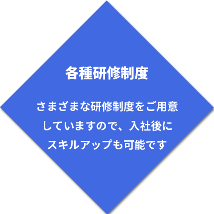 さまざまな研修制度をご用意していますので、入社後にスキルアップも可能です。